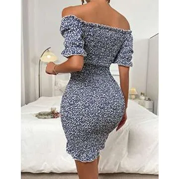 PRETTYGARDEN Women's Summer Off Shoulder Bodycon Dresses Short Sleeve Drawstring Sexy Mini Party Club Smocked Dress (Royal Blue White Floral,Large)