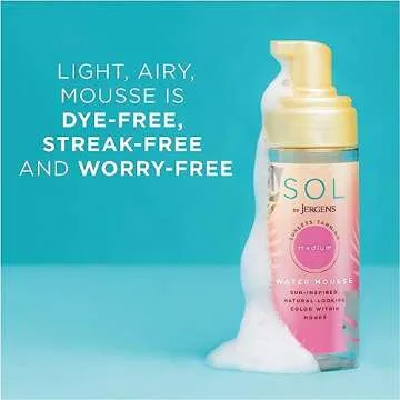 SOL by Jergens Deep Water Self Tanner Mousse, Water-based Sunless Tanner with Coconut Water for Fake Tan, Dye-free Tanning Active Derived from Natural Sugars, Medium Color, 5 Ounce