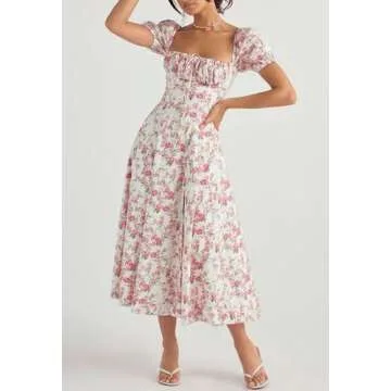 Linsery Women Floral Maxi Dress with Puff Sleeve Elegant Square Neck Cottagecore Boho Dresses Floral White Medium