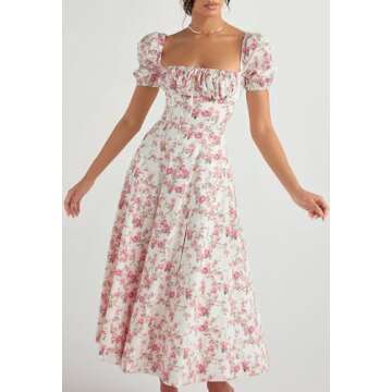 Linsery Women Floral Maxi Dress with Puff Sleeve Elegant Square Neck Cottagecore Boho Dresses Floral White Medium