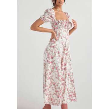 Linsery Women Floral Maxi Dress with Puff Sleeve Elegant Square Neck Cottagecore Boho Dresses Floral White Medium