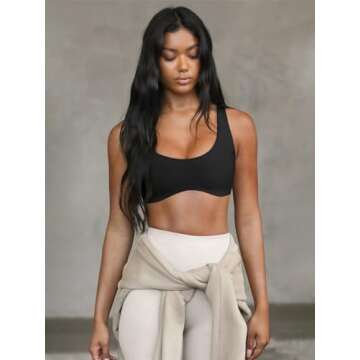 LASLULU Womens Backless Sports Bra Scoop Neck Crop Tops Athletic Running Sports Bra Workout Gym Top Yoga Bra(Black,Medium)