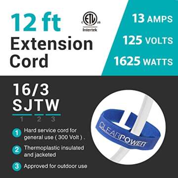 12ft Outdoor Extension Cord, 3-Prong, 16 Gauge General Purpose Power Cord, Grounded Plug, White, Fla...
