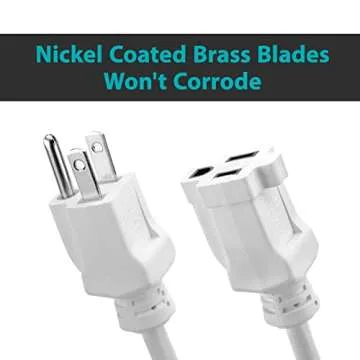 12ft Outdoor Extension Cord, 3-Prong, 16 Gauge General Purpose Power Cord, Grounded Plug, White, Flame Retardant, Water & Weather Resistant, DCOC-0205-DC