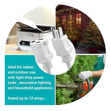 12ft Outdoor Extension Cord, 3-Prong, 16 Gauge General Purpose Power Cord, Grounded Plug, White, Flame Retardant, Water & Weather Resistant, DCOC-0205-DC