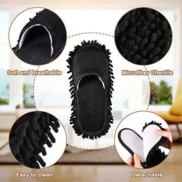 Jecery 2 Pairs Microfiber Cleaning Mop Slippers for Floor Cleaning House Mop Shoes Men and Women Washable Unisex Dusting Slippers Dirt Tool Supplies(Medium,Black, Beige)