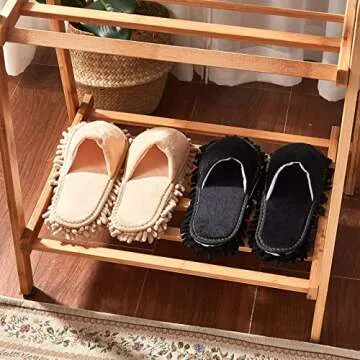 Jecery 2 Pairs Microfiber Cleaning Mop Slippers for Floor Cleaning House Mop Shoes Men and Women Washable Unisex Dusting Slippers Dirt Tool Supplies(Medium,Black, Beige)