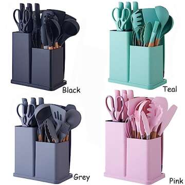 19 Pieces Kitchen Utensils and Knife Set with Block, with 9 Piece Silicone Cooking Utensils Set 5 Pi...