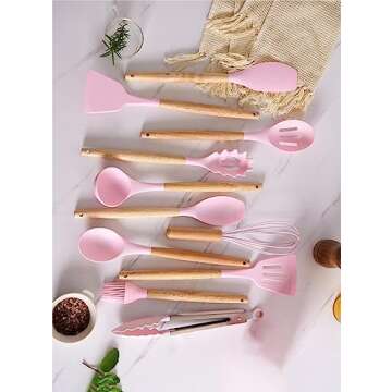 19 Pieces Kitchen Utensils and Knife Set with Block, with 9 Piece Silicone Cooking Utensils Set 5 Piece Sharp Stainless Steel Chef Knives Scissors Whisk Tongs and Cutting Board (19 in 1) (Pink)