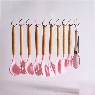 19 Pieces Kitchen Utensils and Knife Set with Block, with 9 Piece Silicone Cooking Utensils Set 5 Piece Sharp Stainless Steel Chef Knives Scissors Whisk Tongs and Cutting Board (19 in 1) (Pink)