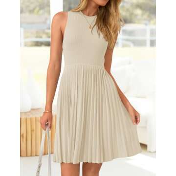 ZESICA Women's Summer Sleeveless Mini Dress 2024 Crewneck Knit A Line Pleated Swing Casual Basic Short Dress,Almond,Medium