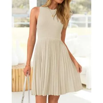 ZESICA Women's Summer Sleeveless Mini Dress 2024 Crewneck Knit A Line Pleated Swing Casual Basic Short Dress,Almond,Medium