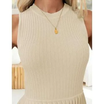 ZESICA Women's Summer Sleeveless Mini Dress 2024 Crewneck Knit A Line Pleated Swing Casual Basic Short Dress,Almond,Medium