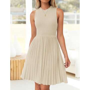 ZESICA Women's Summer Sleeveless Mini Dress 2024 Crewneck Knit A Line Pleated Swing Casual Basic Short Dress,Almond,Medium