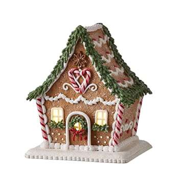 One Holiday Way 6.5-Inch Light Up Faux Gingerbread Cottage House with Timer, Rosemary, Candy Cane & ...
