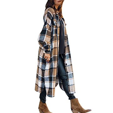SKIKYAN Women Fall Flannel Plaid Shacket - Oversized Button Down Jacket in Brown