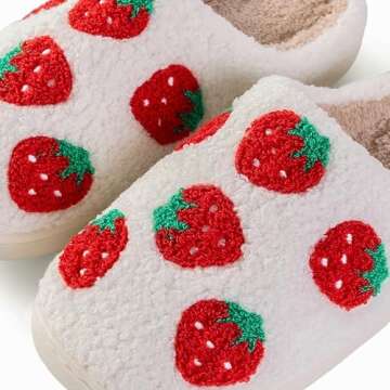 Women Slippers Cute Pattern Strawberry Slippers Warm Soft Bedroom Shoes Fuzzy Closed Toe Sandals Non Slip House Bedroom Slippers