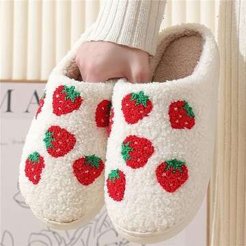 Women Slippers Cute Pattern Strawberry Slippers Warm Soft Bedroom Shoes Fuzzy Closed Toe Sandals Non Slip House Bedroom Slippers