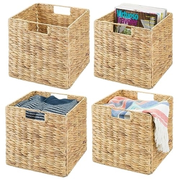 mDesign Natural Woven Hyacinth Cube Organizer Basket with Handles, Storage for Bathroom, Laundry Roo...
