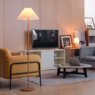 Globe Electric 61000053 62" Floor Lamp, Wood Toned, Pleated Fabric Shade, Flat Base, Pull Chain Switch on Socket, Reading Light, Office Accessories, House Décor, Home Improvement