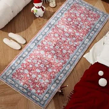 Rugcomf Runner Rug 2'6''x8' Hallway Runner Rug Washable Boho Rug Soft Area Rug Non-Slip Faux Wool Vintage Rug for Kitchen, Entryway, Laundry, Bedroom, Indoor (Red)