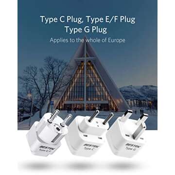 BESTEK European Travel Plug Adapter Set, Grounded Universal Power Plug Adapter for US to Type E/F, Type C, Type G Countries, UK, Germany, France, Italy, Spain, Ireland and All of Europe, 3 Pack