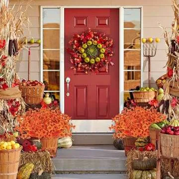 Artificial Fall Flowers for Outdoors, 20 Bundles Faux Plants No Fade Plastic Shrubs Autumn Decor Farmhouse Home Garden Thanksgiving (Fall Orange)