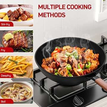 Eleulife 13-Inch Carbon Steel Nonstick Wok with Lid