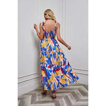 kinstell Women's Summer Boho Spaghetti Strap Square Neck Ruffle Casual Flowy Long Dress Beach Swing Party Maxi Dress Blue