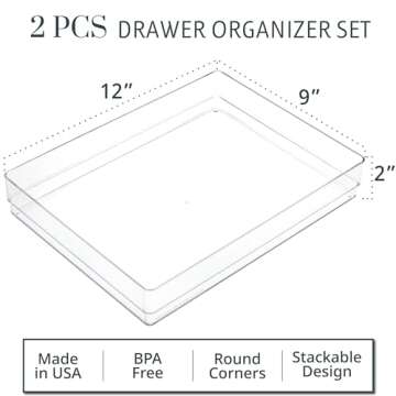 STORi SimpleSort 2-Piece Stackable Clear Drawer Organizer Set | 12" x 9" x 2" Rectangle Trays | Wide...