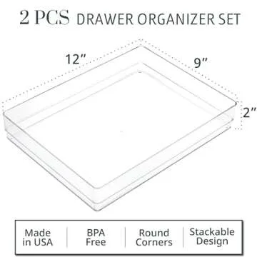STORi SimpleSort 2-Piece Stackable Clear Drawer Organizer Set | 12" x 9" x 2" Rectangle Trays | Wide...