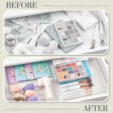 STORi SimpleSort 2-Piece Stackable Clear Drawer Organizer Set | 12" x 9" x 2" Rectangle Trays | Wide Makeup Vanity Storage Bins and Office Desk Drawer Dividers | Made in USA