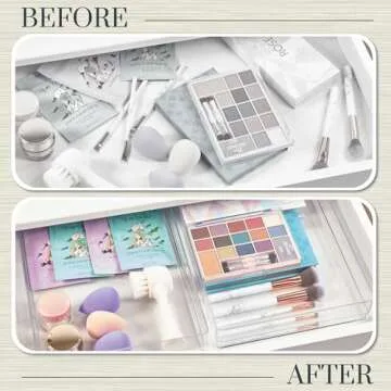 STORi SimpleSort 2-Piece Stackable Clear Drawer Organizer Set | 12" x 9" x 2" Rectangle Trays | Wide Makeup Vanity Storage Bins and Office Desk Drawer Dividers | Made in USA