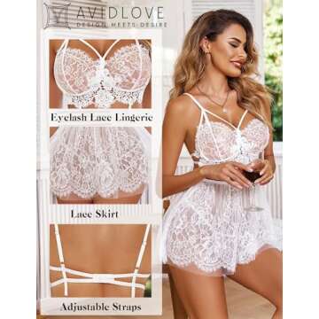 Avidlove Lingerie for Women Lace Babydoll Teddy Chemise Nightgown White Small