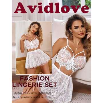 Avidlove Lingerie for Women Lace Babydoll Teddy Chemise Nightgown White Small