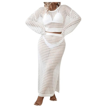 GORGLITTER Women's Plus Size 2 Piece Crochet Cover Ups Long Sleeve Knitted Hollow Out Skirt Set Beac...