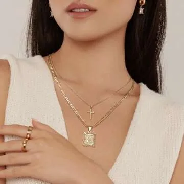 KELORIS PATH Gold Layered Initial Cross Necklace, 14K Gold Plated Layering Square Letter Pendant Figaro Chain Cross Choker from A-Z Capital Jewelry for Women(Letter K)