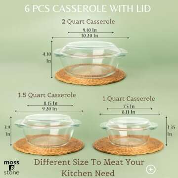 Moss & Stone Basics 6-Piece Clear Glass Casserole Dishes for Oven With Lids, Durable Borosilicate Gl...