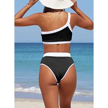 Aleumdr Womens Cute High Waisted Two Pieces Color Block Print One Shoulder Bikini Bathing Suit