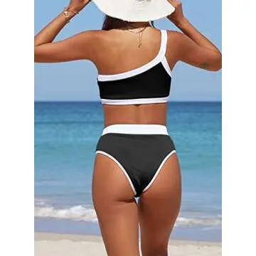 Aleumdr Womens Cute High Waisted Two Pieces Color Block Print One Shoulder Bikini Bathing Suit