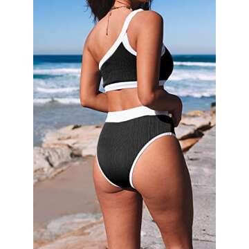 Aleumdr Womens Cute High Waisted Two Pieces Color Block Print One Shoulder Bikini Bathing Suit