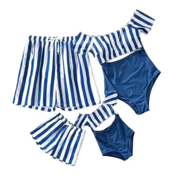 IFFEI Family Matching Swimsuits One Piece Strapless Striped Bathing Suits One Shoulder Hollow Out Mo...