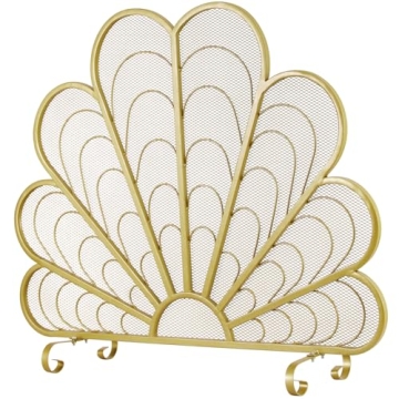 MyGift 38" Brass-Tone Peacock Feather Fireplace Screen - Elegant & Safe