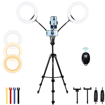 Xeneo 8'' Dual Ring Light with Tripod Stand & 2 Phone Holders for Double Brightness, LED Selfie Ring...