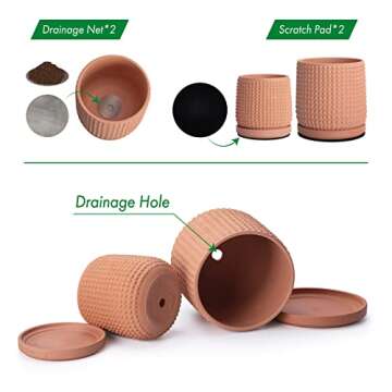D'vine Dev 6 Inch 4 Inch Terracotta Indoor Planter Pots with Drainage Hole and Saucer, Beaded Design Flower Pots, Set of 2, Terracotta Color, 27-D-U-7