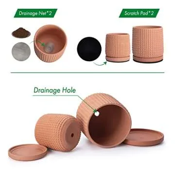 D'vine Dev 6 Inch 4 Inch Terracotta Indoor Planter Pots with Drainage Hole and Saucer, Beaded Design Flower Pots, Set of 2, Terracotta Color, 27-D-U-7