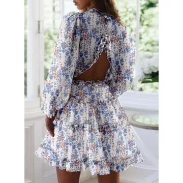 Dokotoo Womens Sun Casual V Neckline Long Sleeve Open Back Floral Print Mini Dress Bohemian Fashion ...