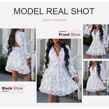 Dokotoo Womens Sun Casual V Neckline Long Sleeve Open Back Floral Print Mini Dress Bohemian Fashion Skater A Line Ruffle Hem Beach Dresses White Medium