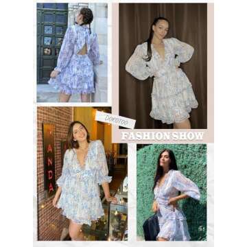 Dokotoo Womens Sun Casual V Neckline Long Sleeve Open Back Floral Print Mini Dress Bohemian Fashion Skater A Line Ruffle Hem Beach Dresses White Medium