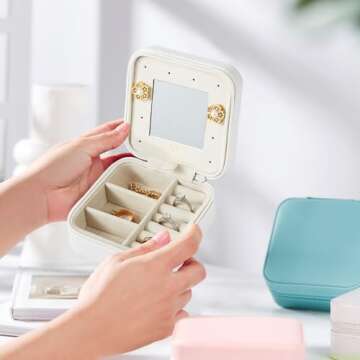 Vee Small Travel Jewelry Case, Mini Jewelry Organizer with Mirror Portable Display Storage Jewelry B...